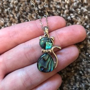 Opal green cat necklace, long chain.